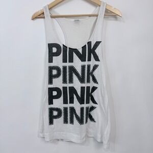 PINK Racerback Tank Size M White Black Rhinestones Bling Block Spell Out